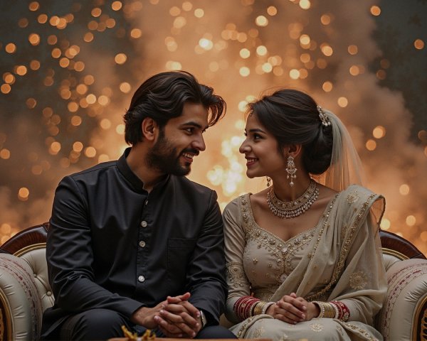 Joyful Couple on Lavish Sofa in Romantic Setting