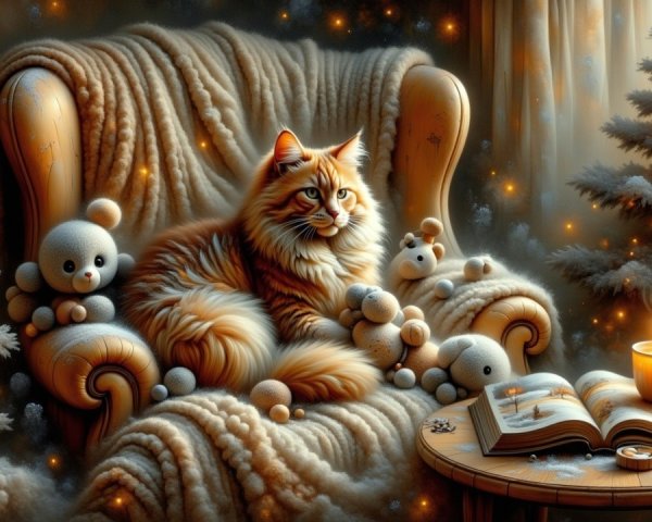 Cozy Scene with Cat, Plush Toys, and Warm Beverages