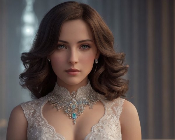 Elegant young woman in white gown with blue accents