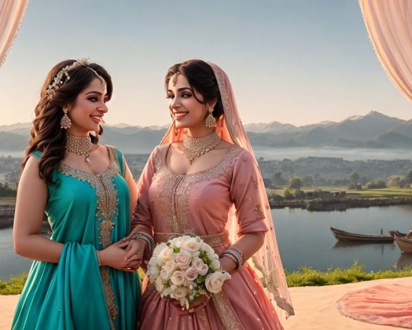 Elegant Women in Vibrant Outfits with Natural Backdrop