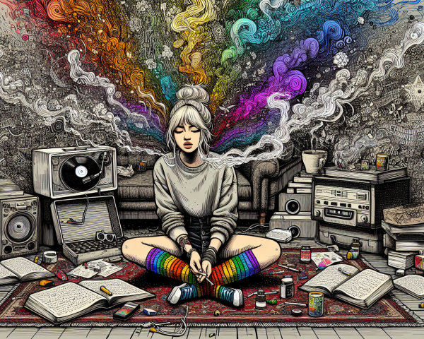 Abstract Art of a Woman Meditating on Red Carpet