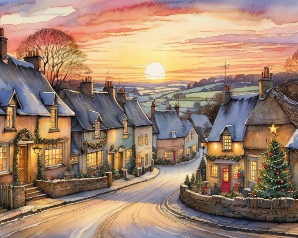 Charming Village Scene with Christmas Decor at Sunset