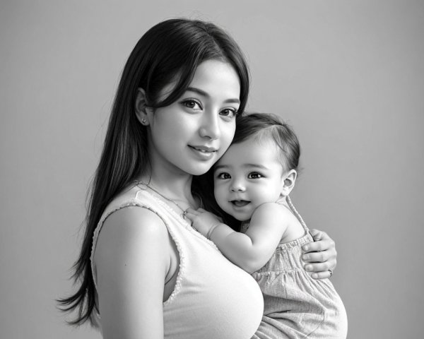 Monochrome Portrait of Mother and Smiling Baby