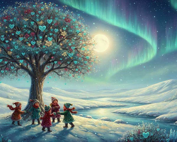 Whimsical Winter Scene with Glowing Heart Tree