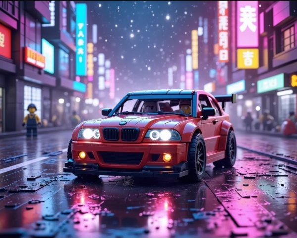 LEGO Model of Red BMW in Vibrant Urban Scene