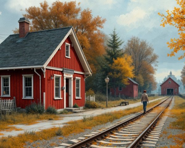 Autumn Landscape with Train Station and Vibrant Trees