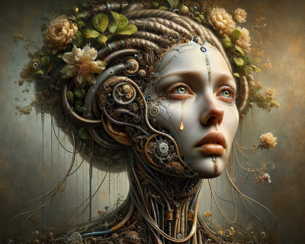 Steampunk Woman with Metallic Features and Floral Accents