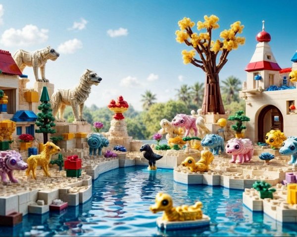 Vibrant LEGO Scene with Animals and Scenic Landscape