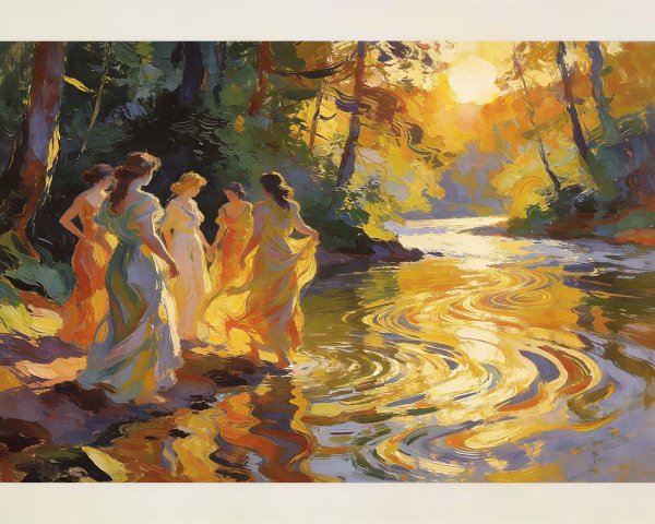 Oil Painting of Women by Sunlit Forest River