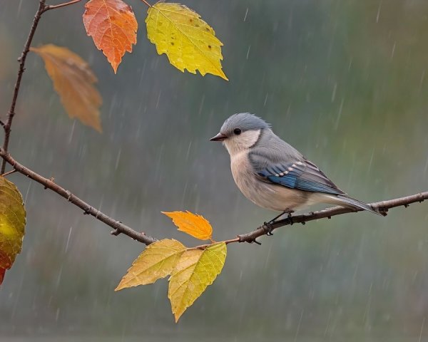 Small bird on branch with autumn leaves and raindrops