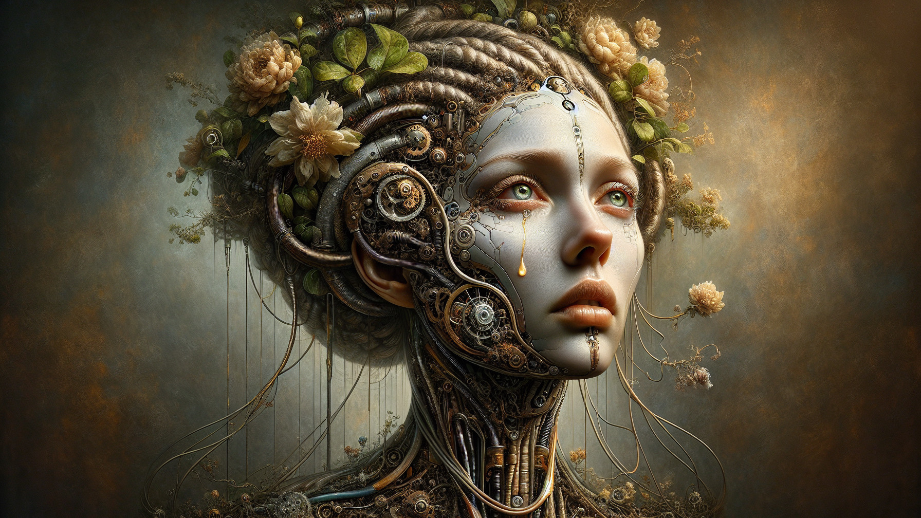 Steampunk Woman with Metallic Features and Floral Accents
