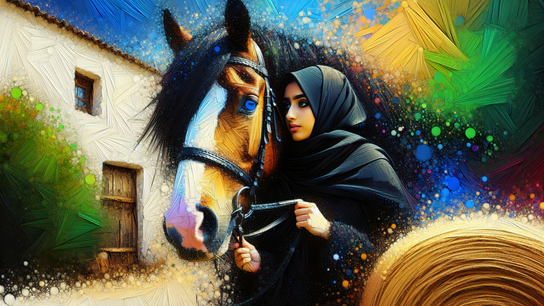 Digital painting of a horse and woman in vibrant colors