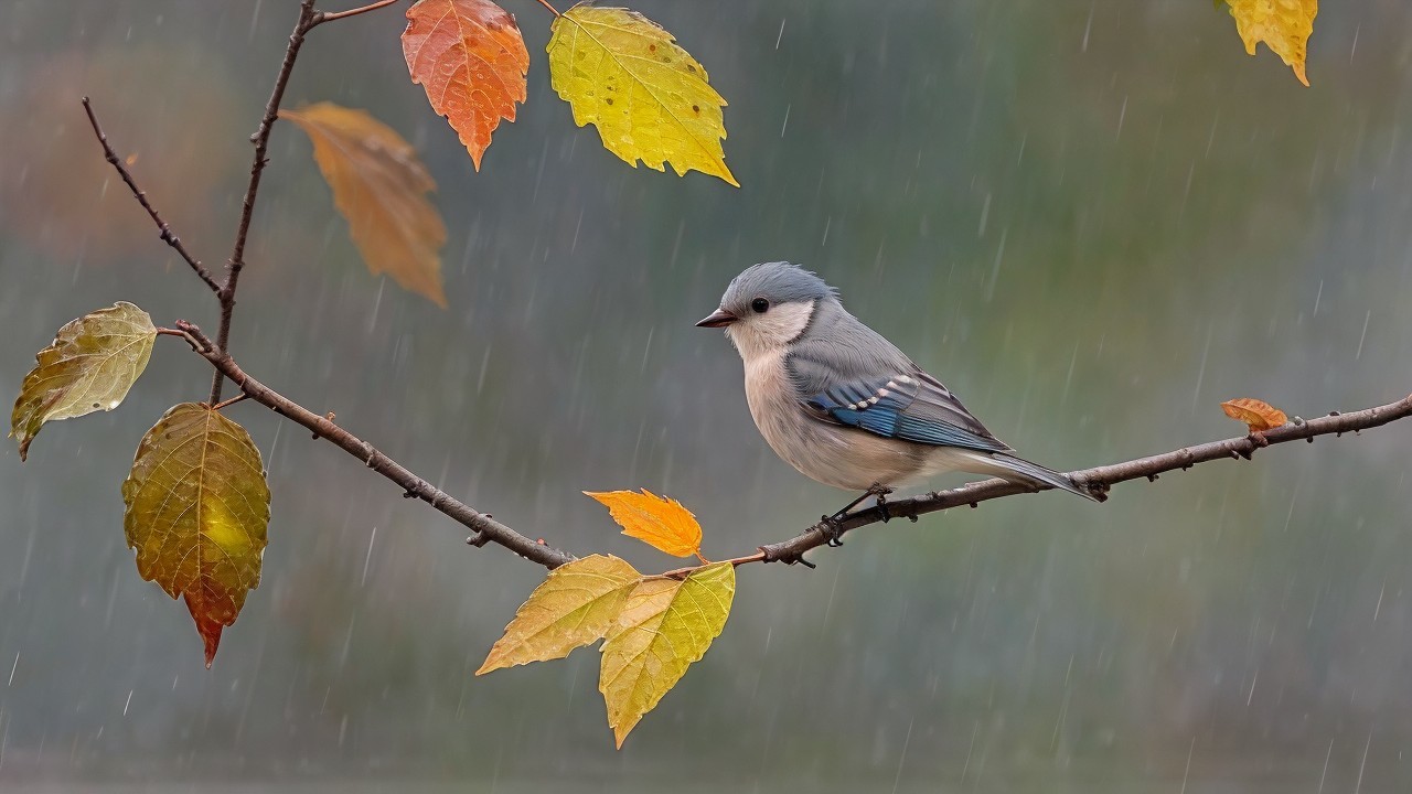 Small bird on branch with autumn leaves and raindrops