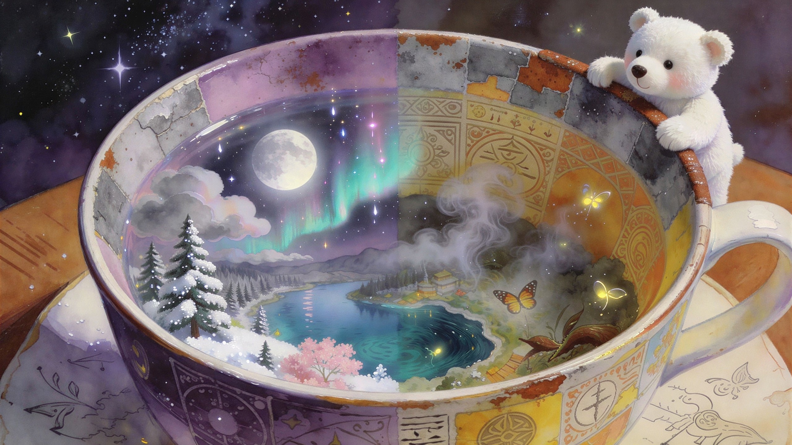 Whimsical Digital Painting of a Teacup with Miniature World