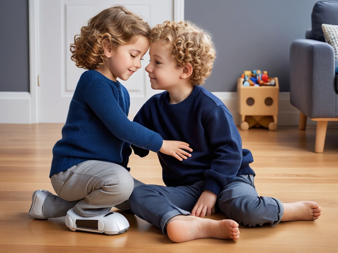 Children in Matching Sweaters Sitting on Wooden Floor