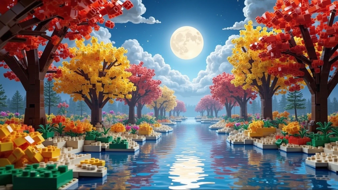 Vibrant Lego Autumn Landscape with Moonlit River