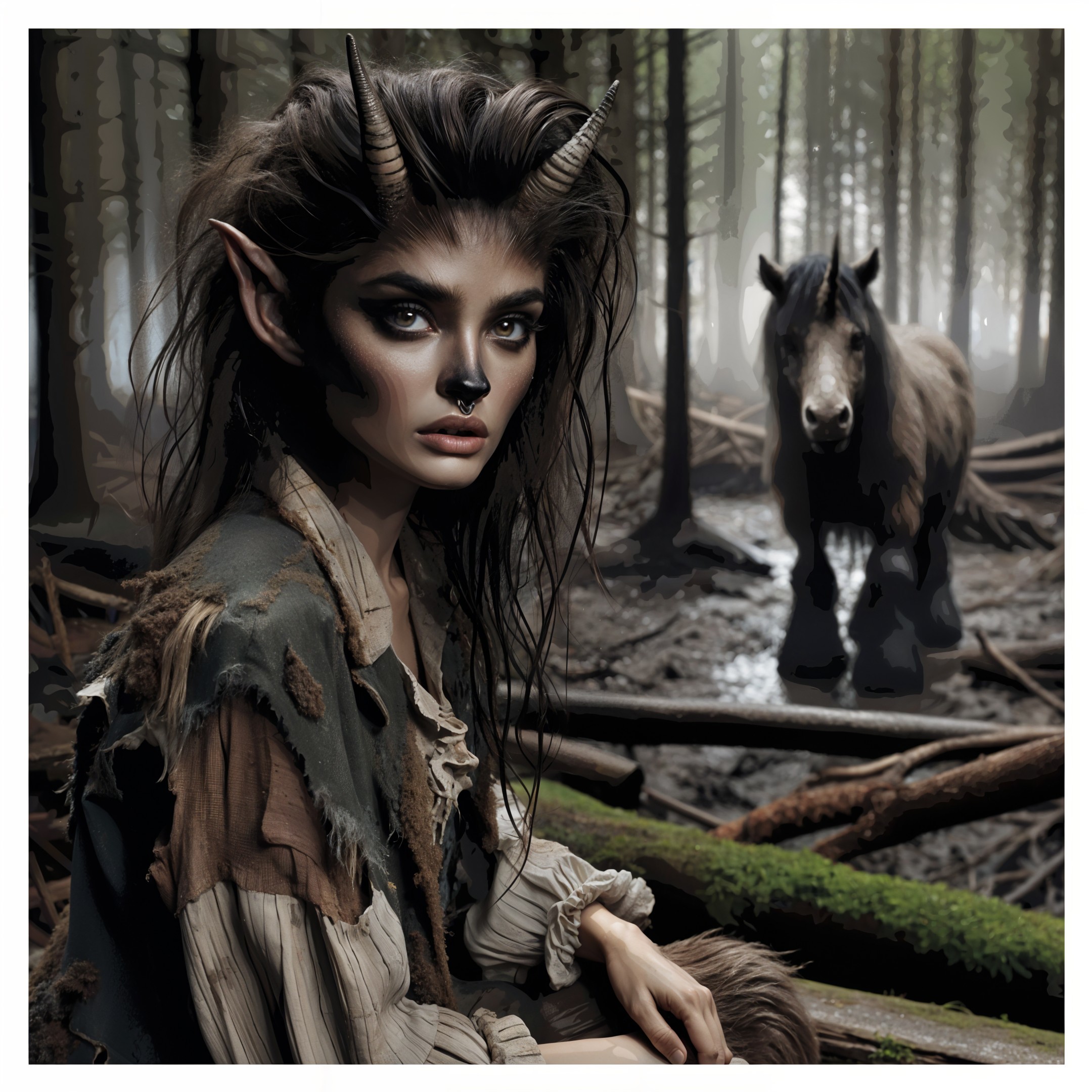 Mystical Forest with Ethereal Young Woman and Horse