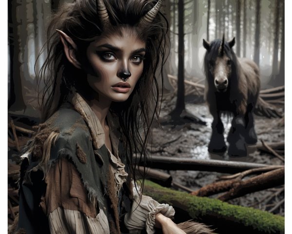 Mystical Forest with Ethereal Young Woman and Horse