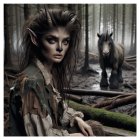 Mystical Forest with Ethereal Young Woman and Horse