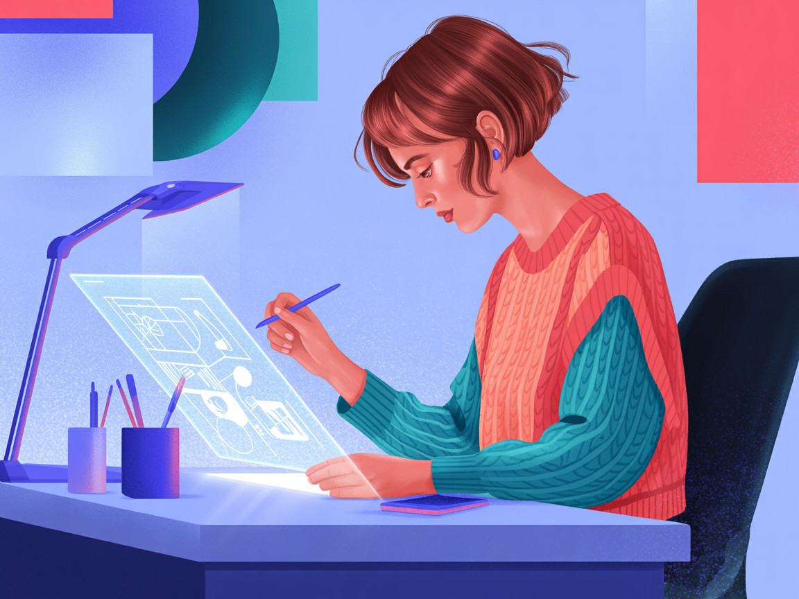 Woman with short bob haircut working at modern desk