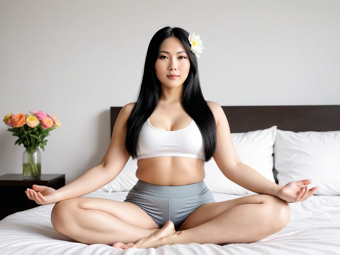 Woman in Meditative Pose on Bed in Serene Room