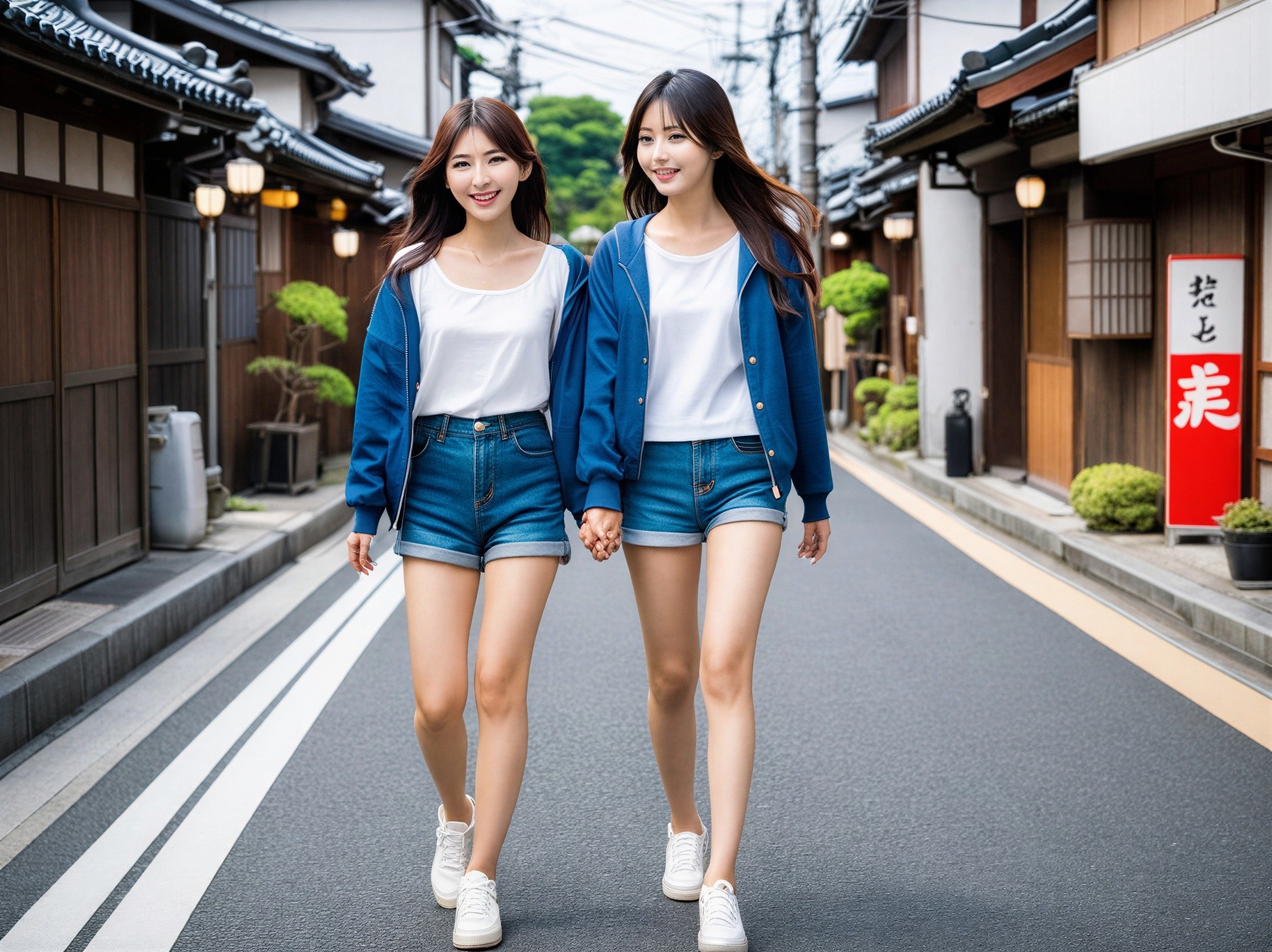 Young women walking in a charming narrow street
