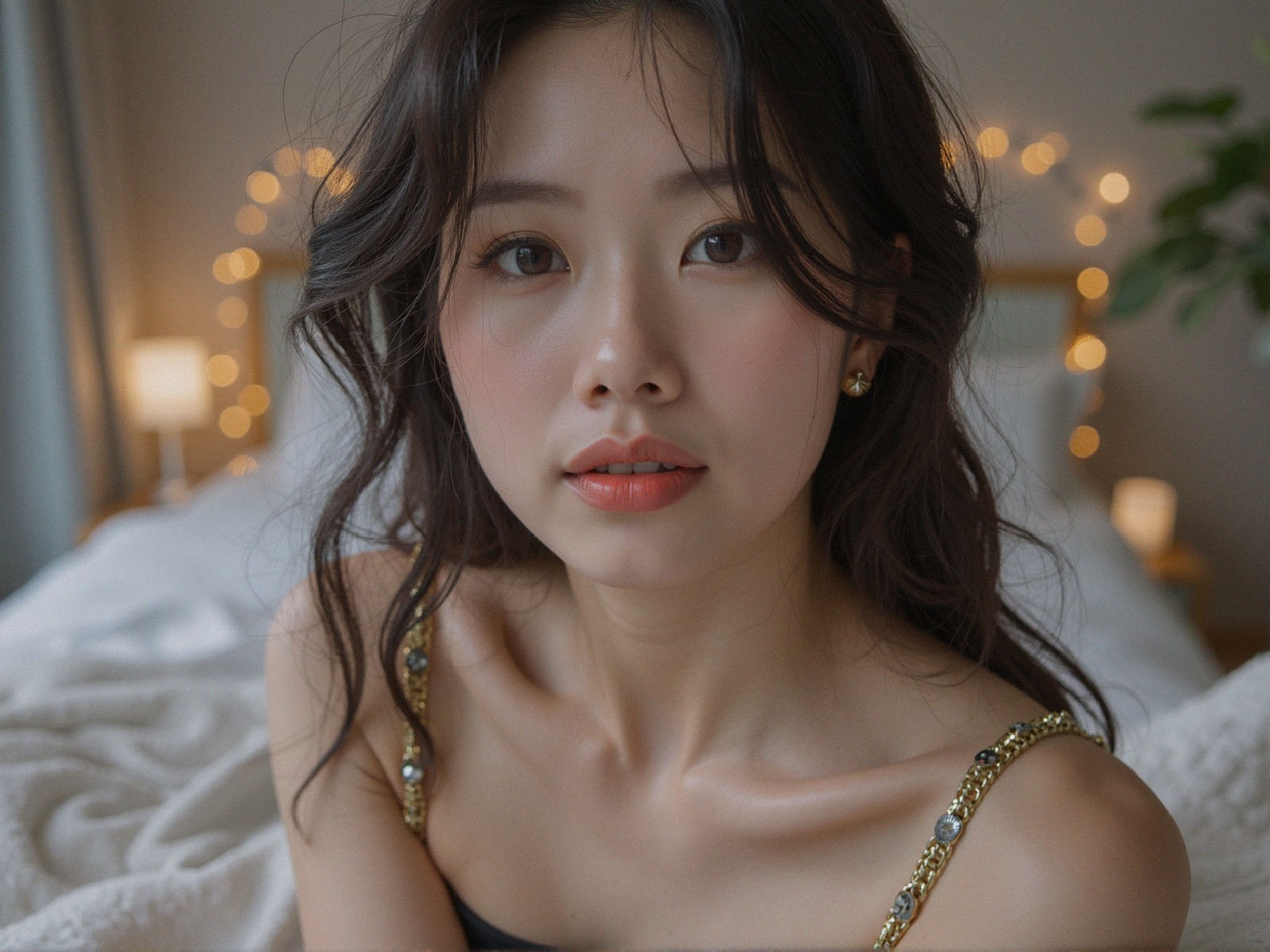 Young woman with wavy hair in cozy, warm lighting