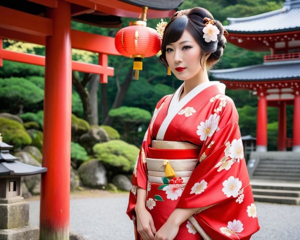 Japanese Woman in Red Kimono in Traditional Garden