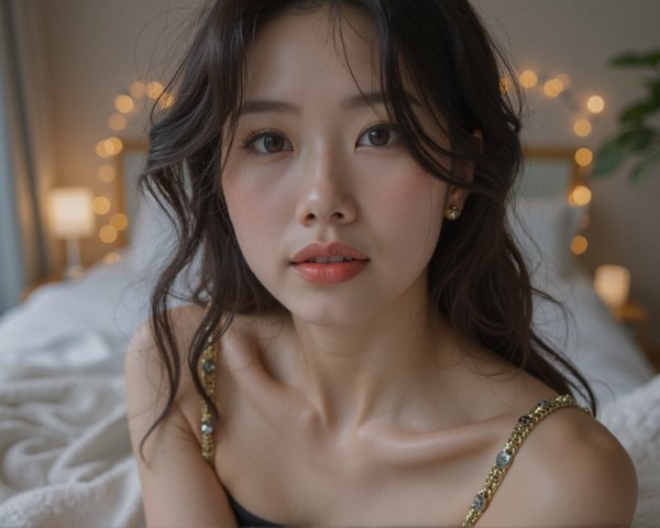 Young woman with wavy hair in cozy, warm lighting