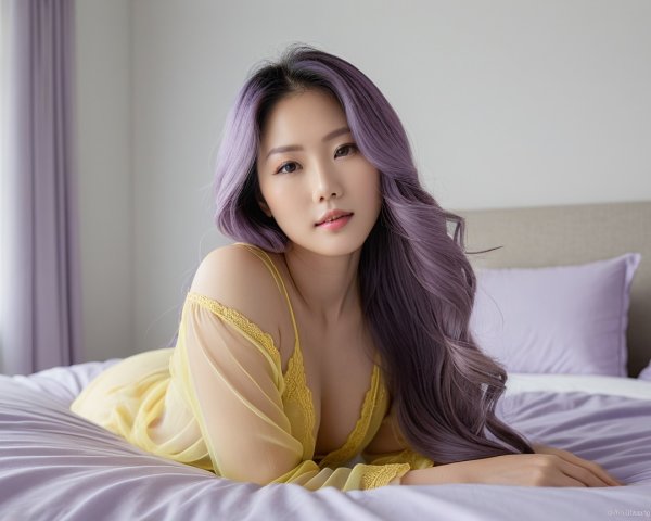 Asian woman in sheer yellow nightgown on bed