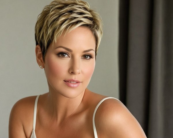 Close-up portrait of a woman with tanned skin and pixie haircut