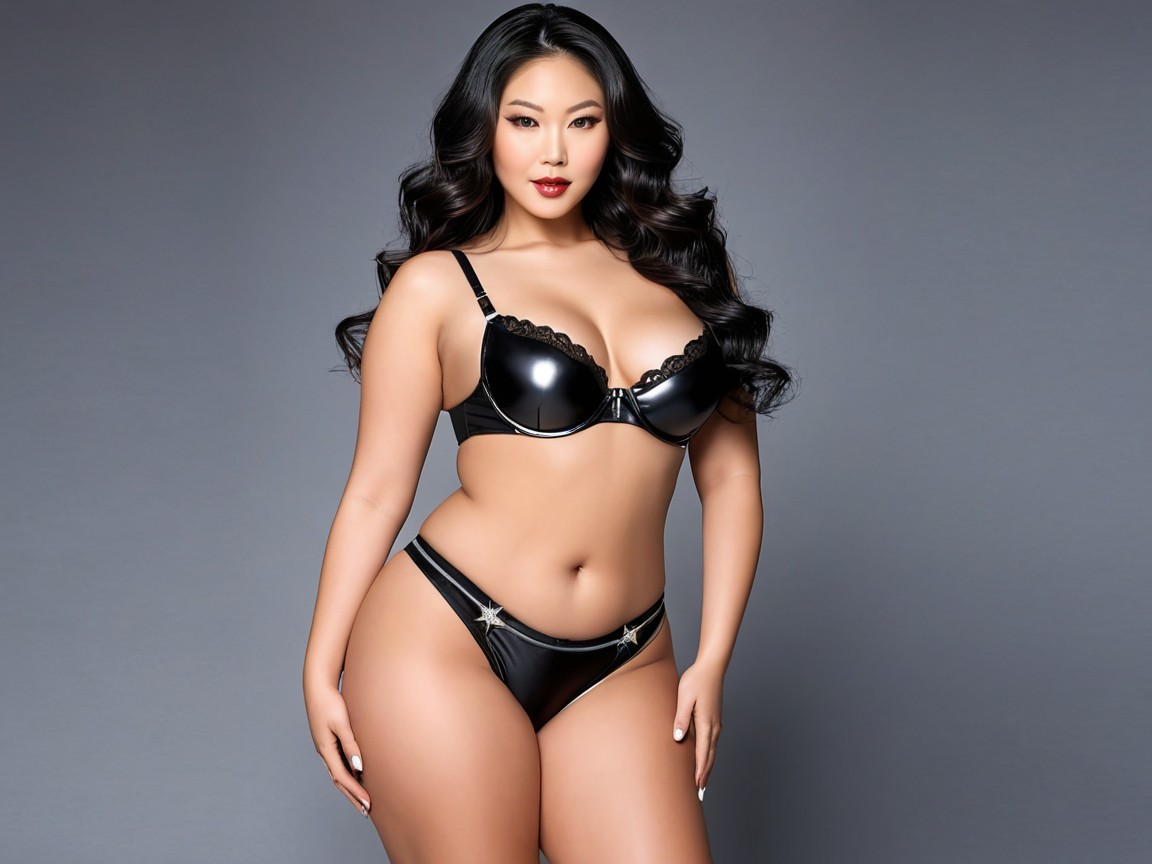 Woman in black lingerie with wavy hair against gray