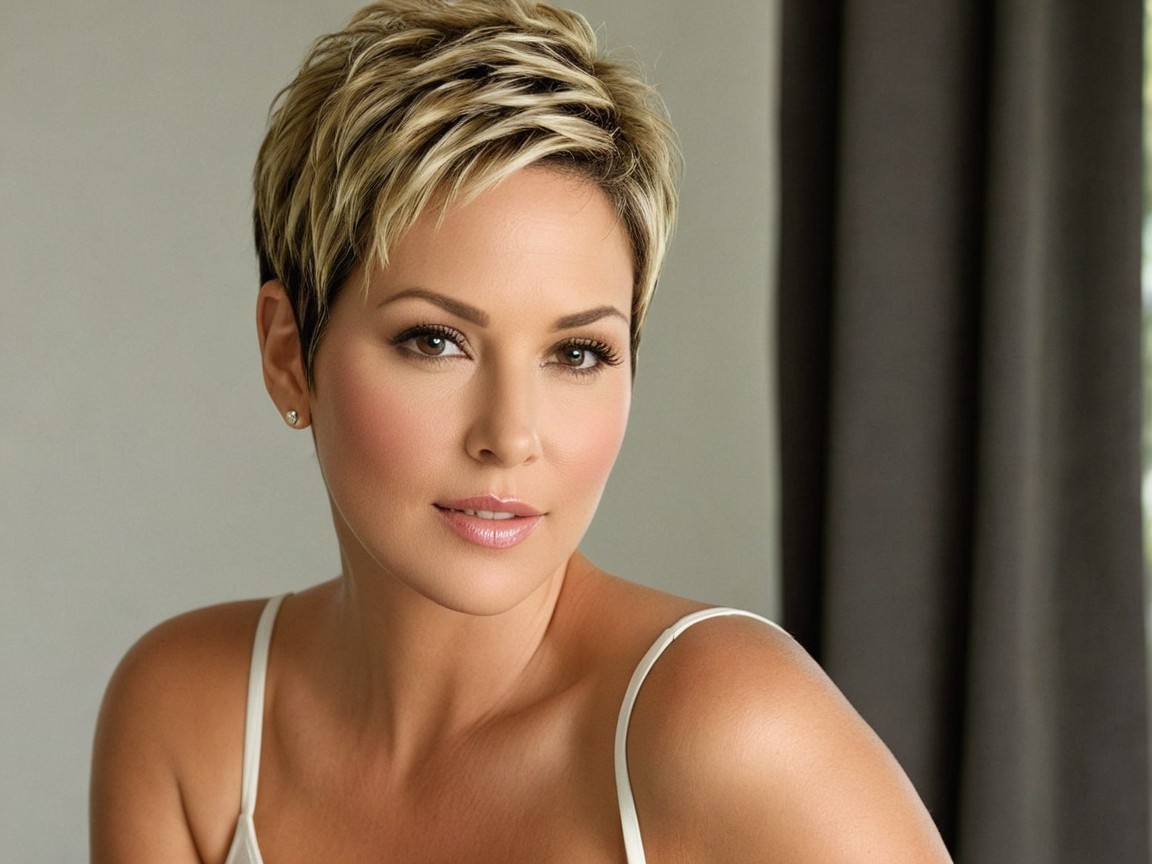 Close-up portrait of a woman with tanned skin and pixie haircut