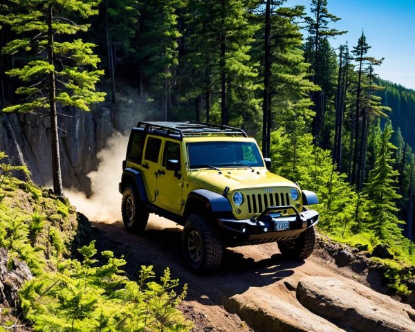 Yellow Jeep Wrangler Rubicon on Dusty Dirt Track