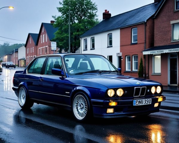 Vintage BMW E30 Sedan on Wet Street at Twilight