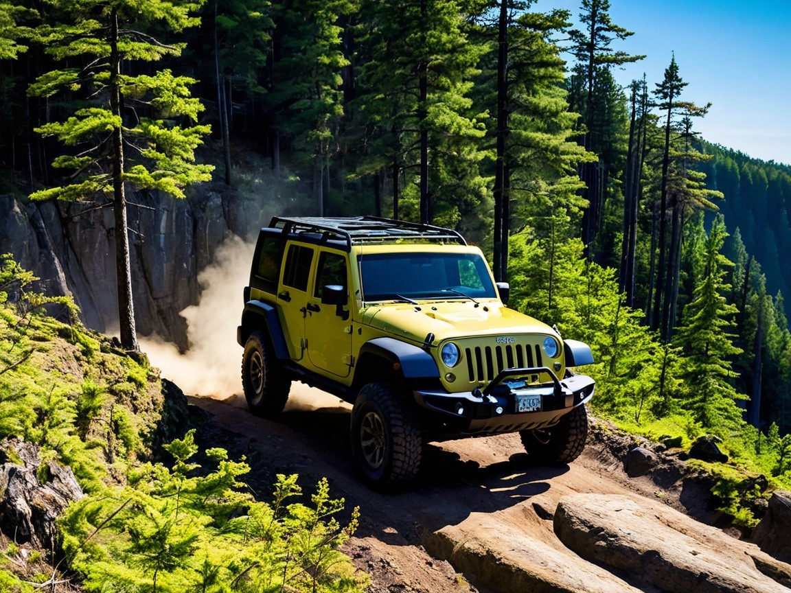 Yellow Jeep Wrangler Rubicon on Dusty Dirt Track