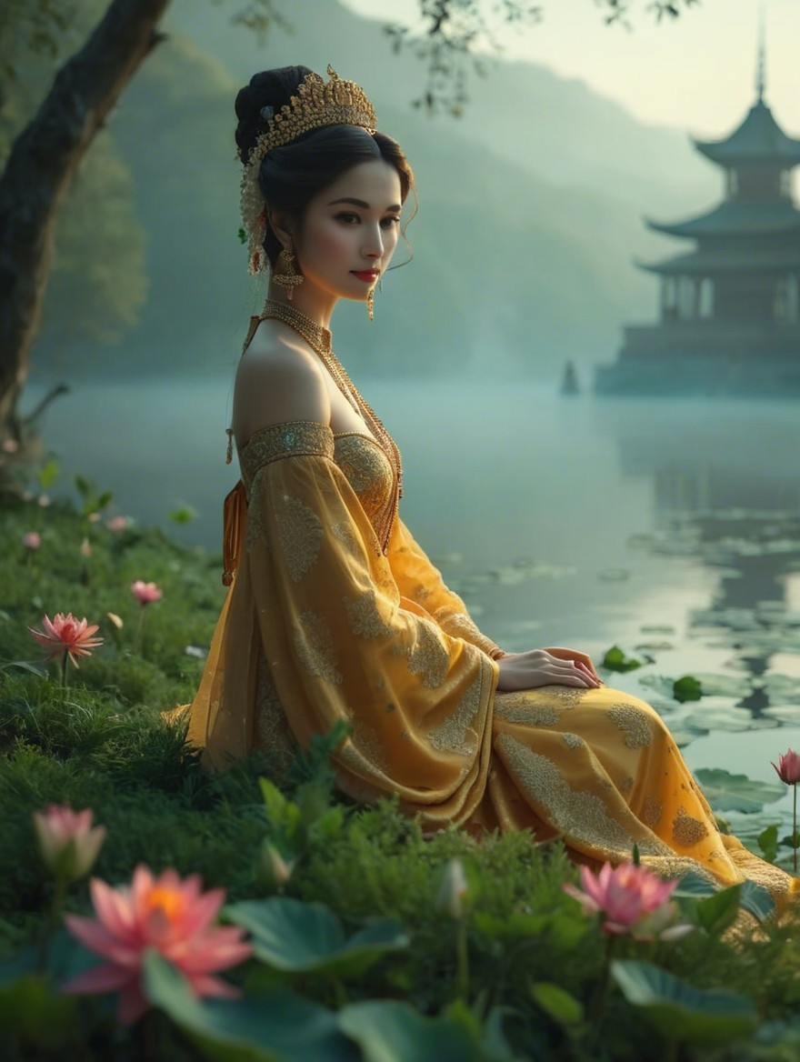 Serene Lake Scene with Woman in Golden Gown