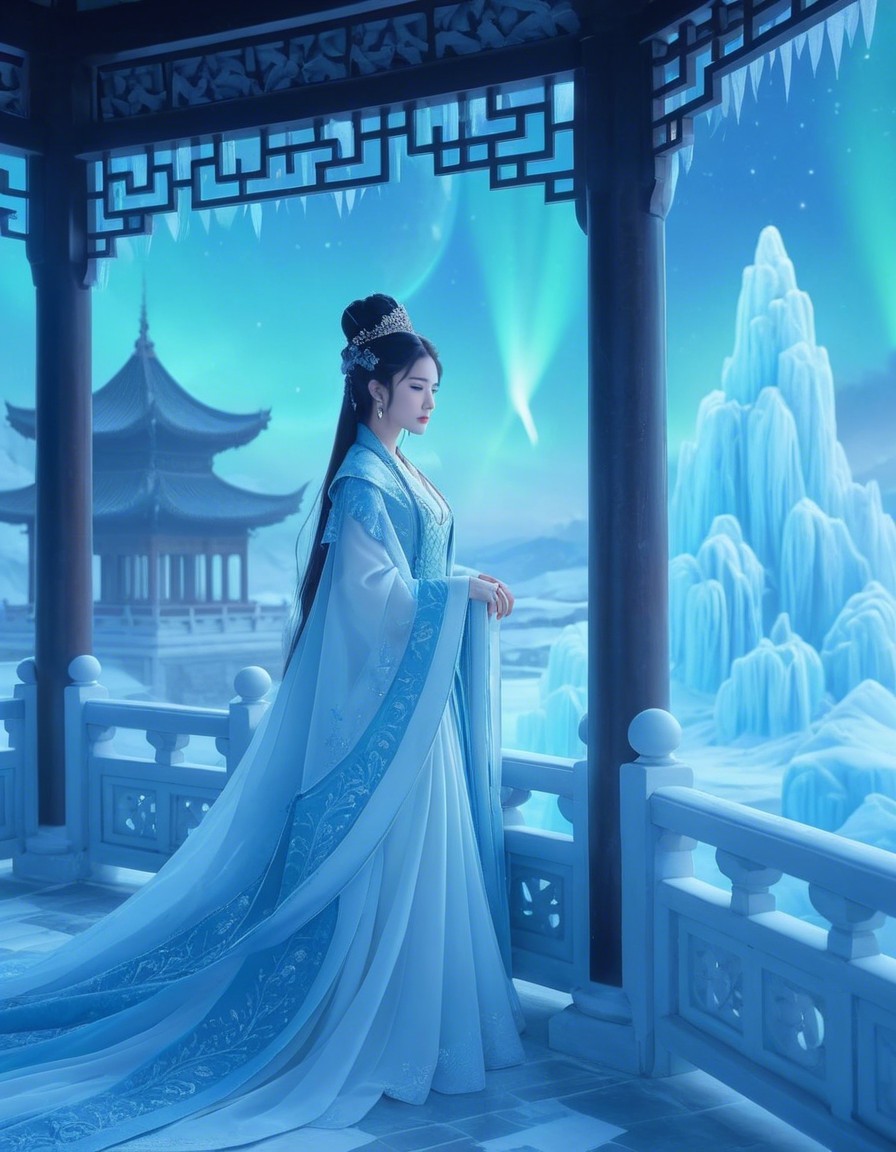 Serene figure in icy blue gown in Chinese pavilion