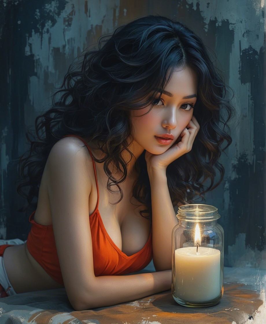 Young woman in orange top with candle in dim light