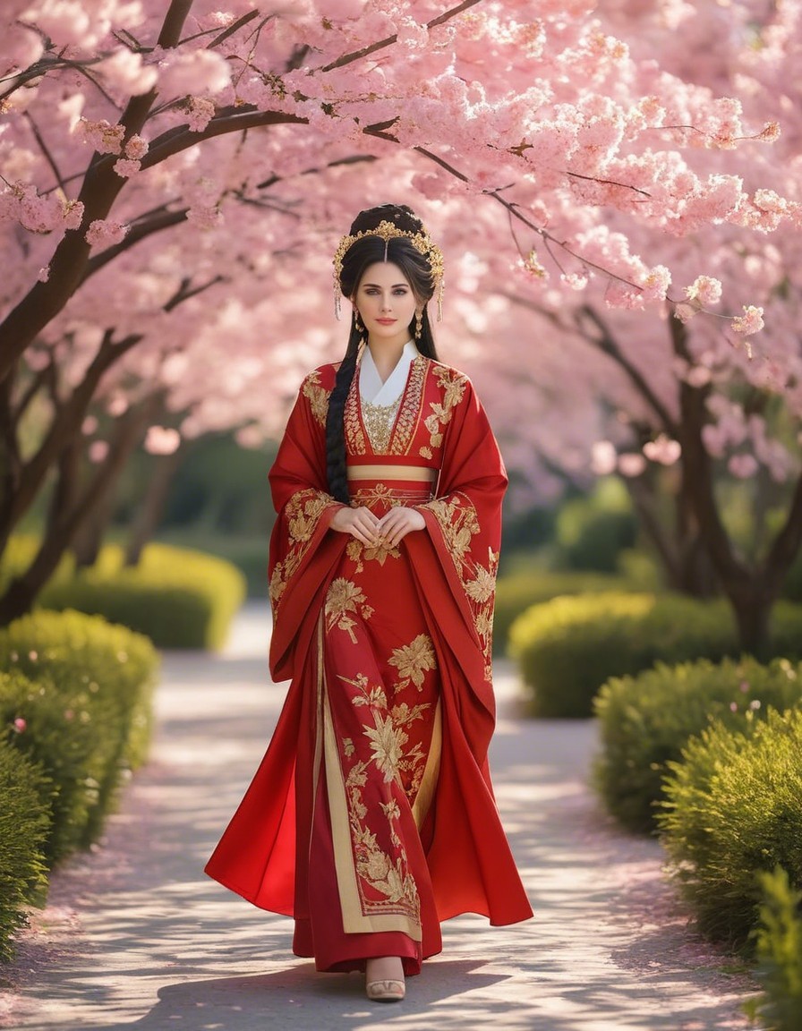 Woman in red traditional outfit among cherry blossoms