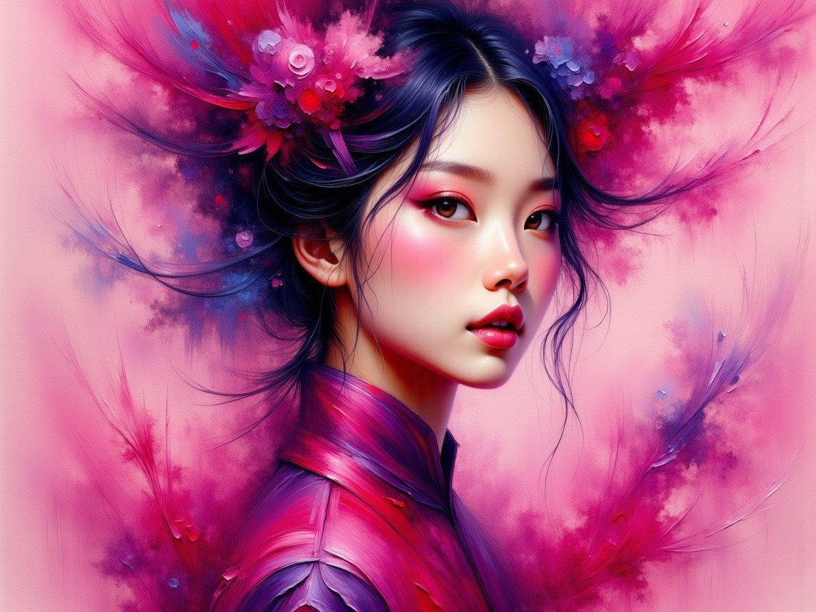 Portrait of a Young Woman with Flowers and Feathers