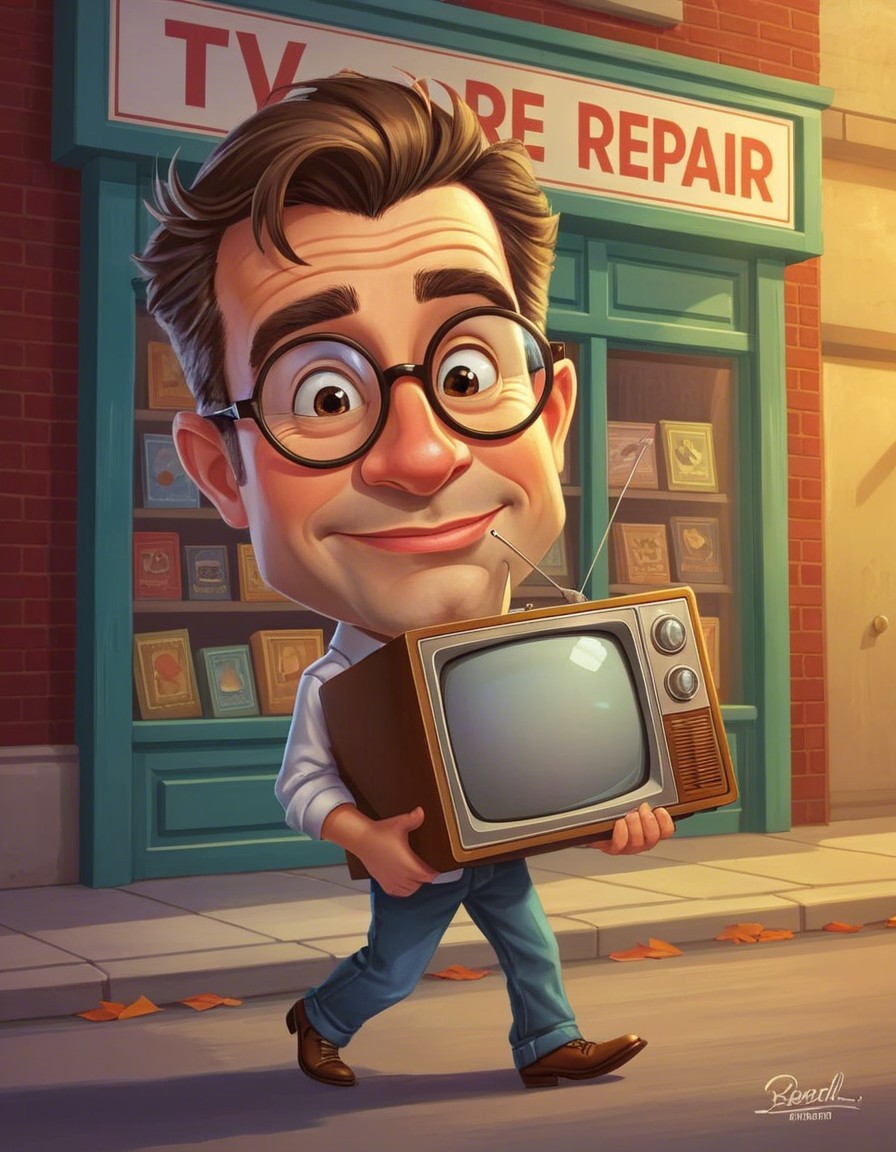 Cheerful Cartoon Character with Vintage Television Set