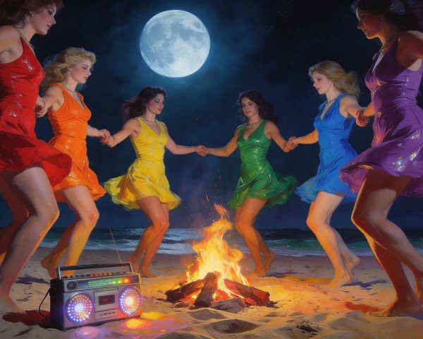 Young women in colorful dresses dancing around a campfire