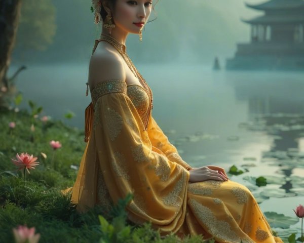 Serene Lake Scene with Woman in Golden Gown