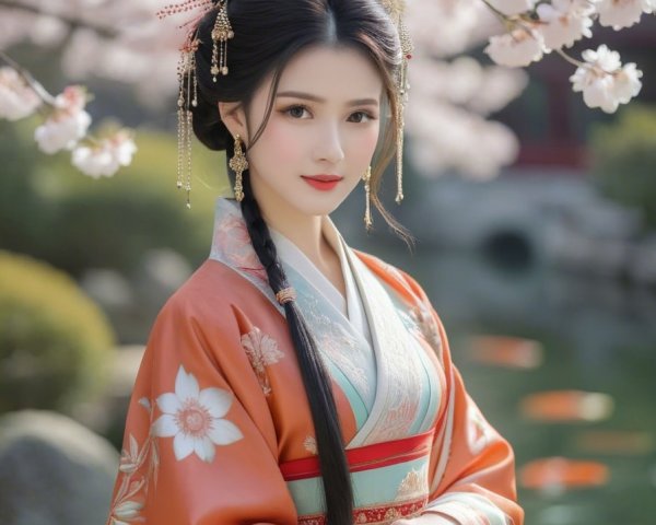 Woman in Kimono Under Cherry Blossoms and Lotus Pond