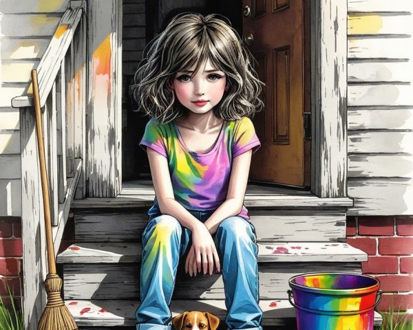 Young girl with puppy on steps, colorful paint scene