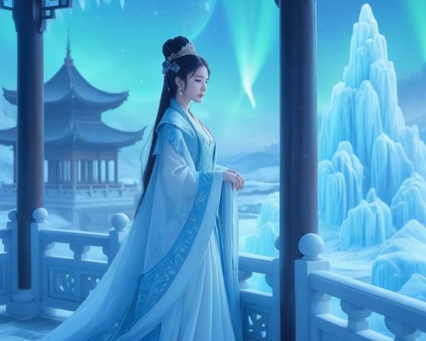 Serene figure in icy blue gown in Chinese pavilion