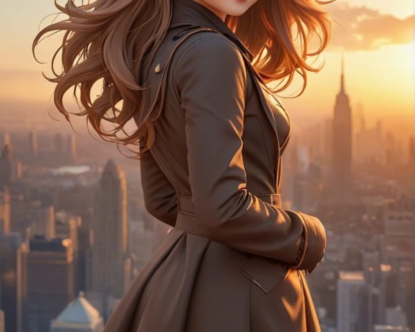 Anime Character on Building with NYC Skyline at Sunset