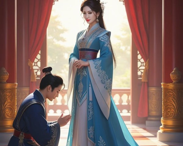 Elegant Woman in Blue Gown in Ornate Palace Setting