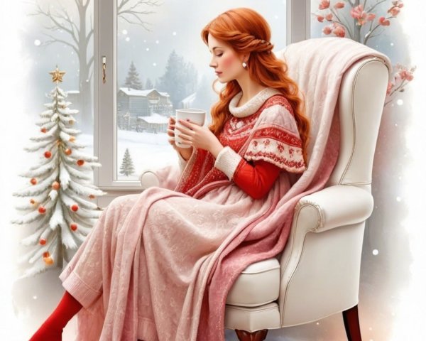 Watercolor Painting of Woman in Armchair by Window